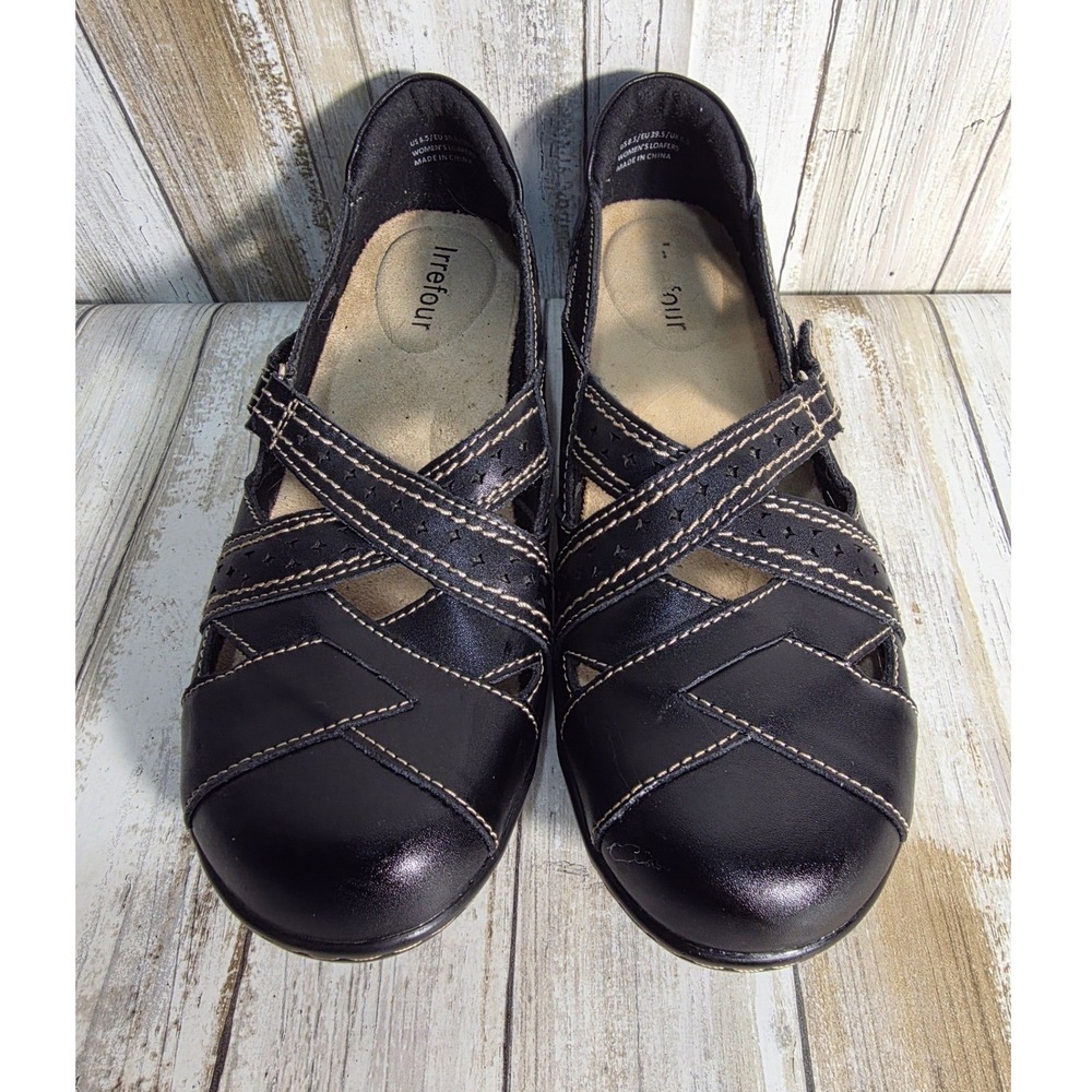 Irrefour Women Black Leather Strappy Ballet Flats Comfort Shoes Size 8.5